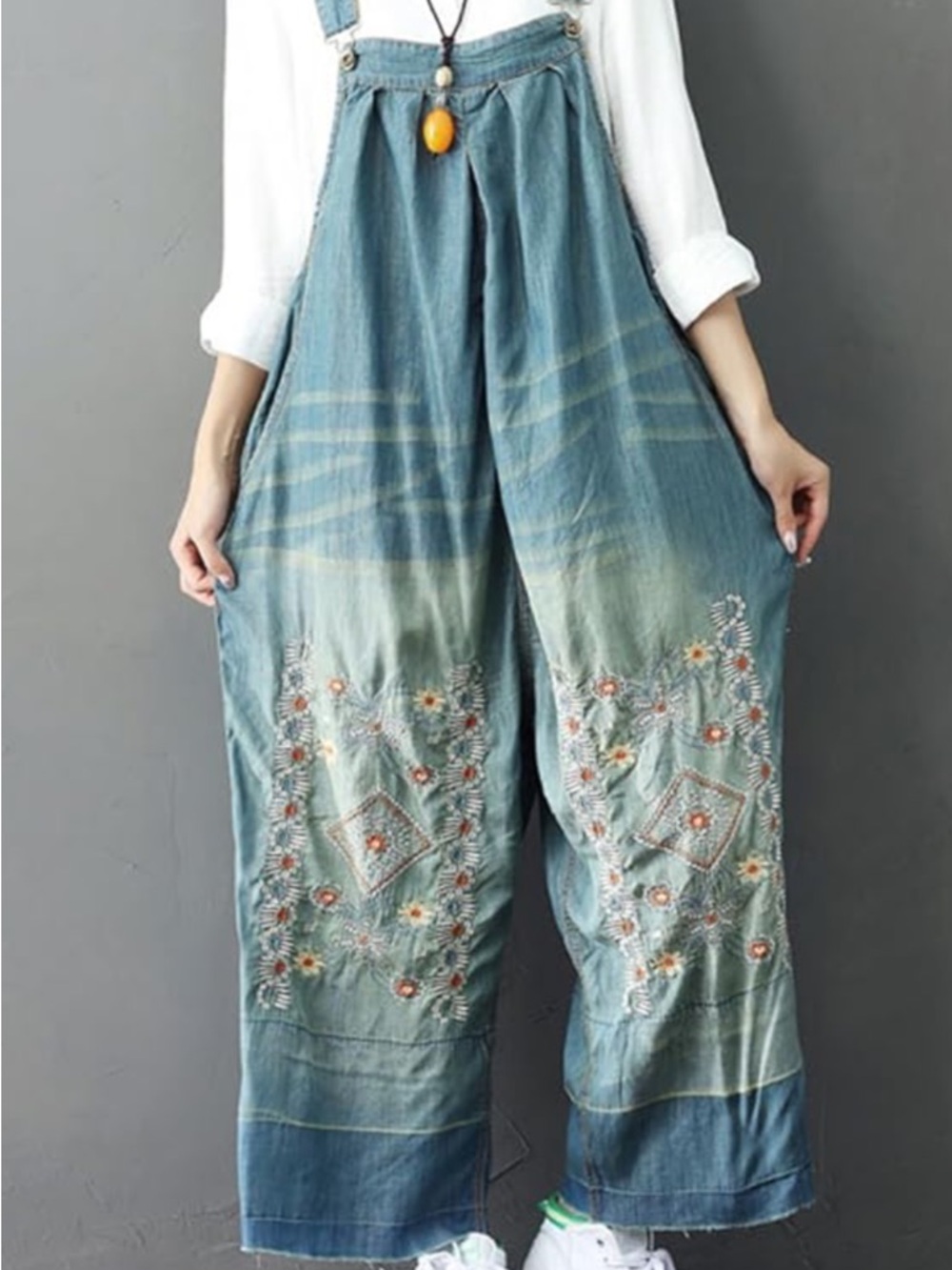 Embroidered Blue Denim Women’s Wide-Leg Overalls